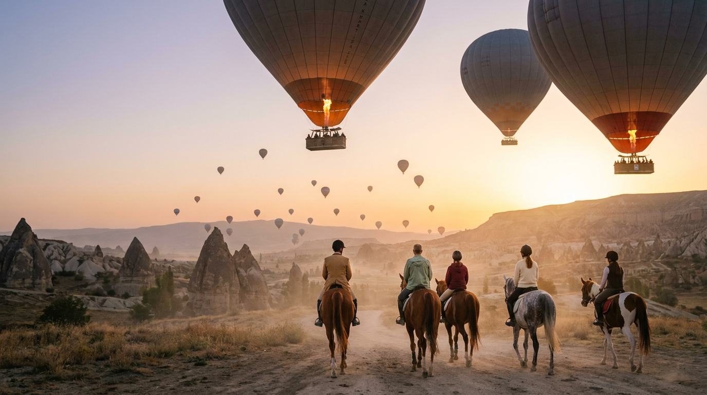 Riders crossing Cappadocia at golden hour